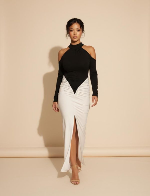 Robe Lumina – Design Bicolore à Découpes Épaules