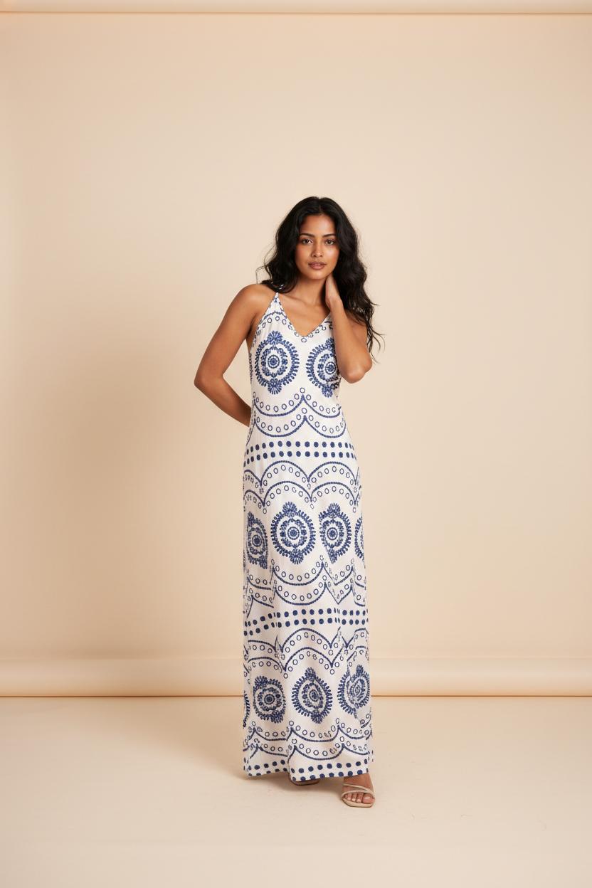 Robe Maxi – Imprimés Azur et Dos Nu Croisé