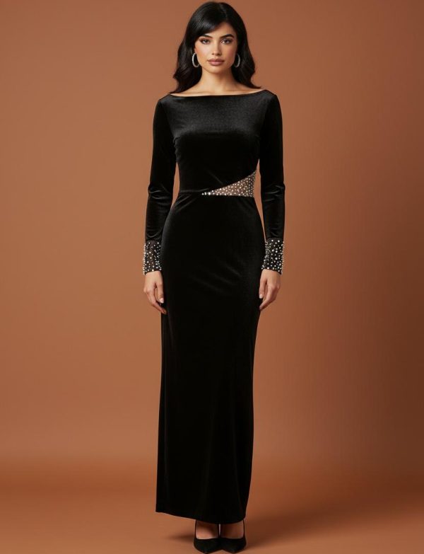 Robe de Soirée Midnight – Velours Noir et Découpe Cristaux