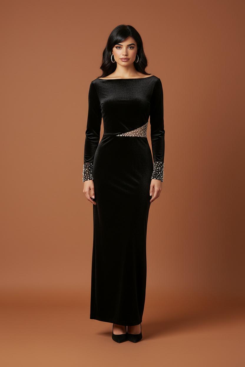 Robe de Soirée Midnight – Velours Noir et Découpe Cristaux
