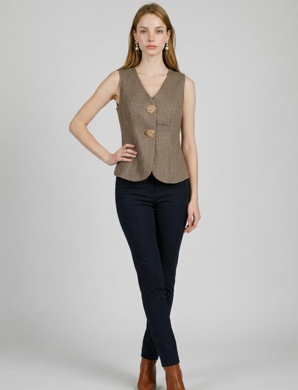 Top tressé sans manches col V pour femmes avec boucle métallique…
