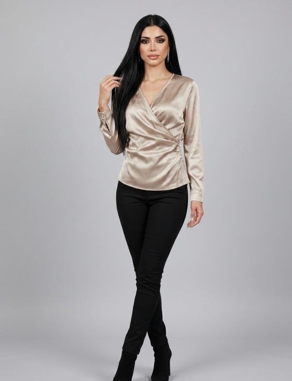Chemise à manches longues croisée col V en tissu sergé élégante pour femmes