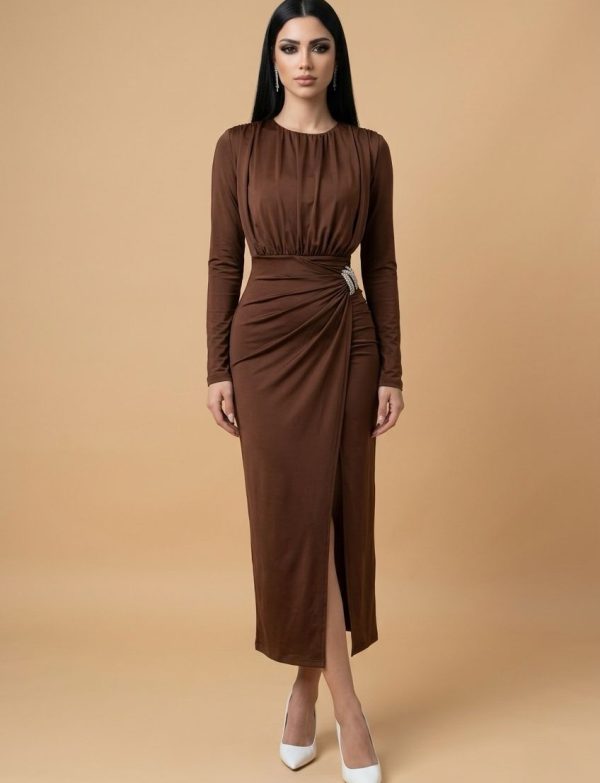 Robe longue à manches longues marron, style vintage chic français…